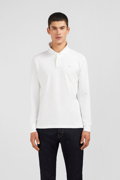 Polo manches longues blanc uni en piqué de coton stretch - Image 1