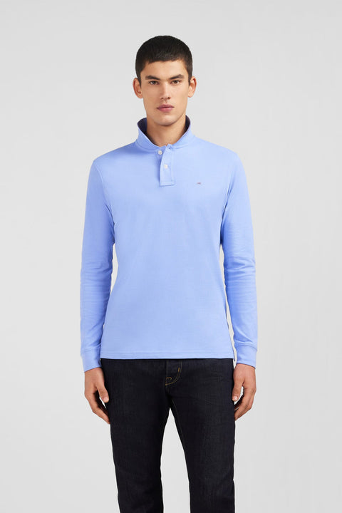 Polo manches longues bleu uni en piqué de coton stretch - Image 1