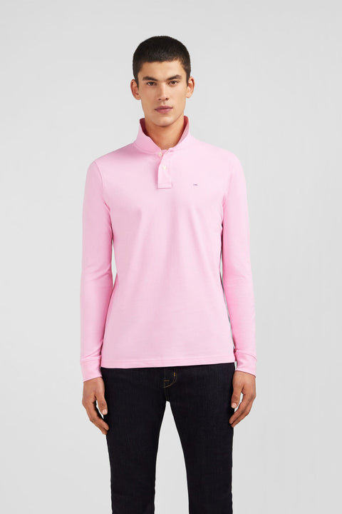Polo manches longues rose uni en piqué de coton stretch - Image 1