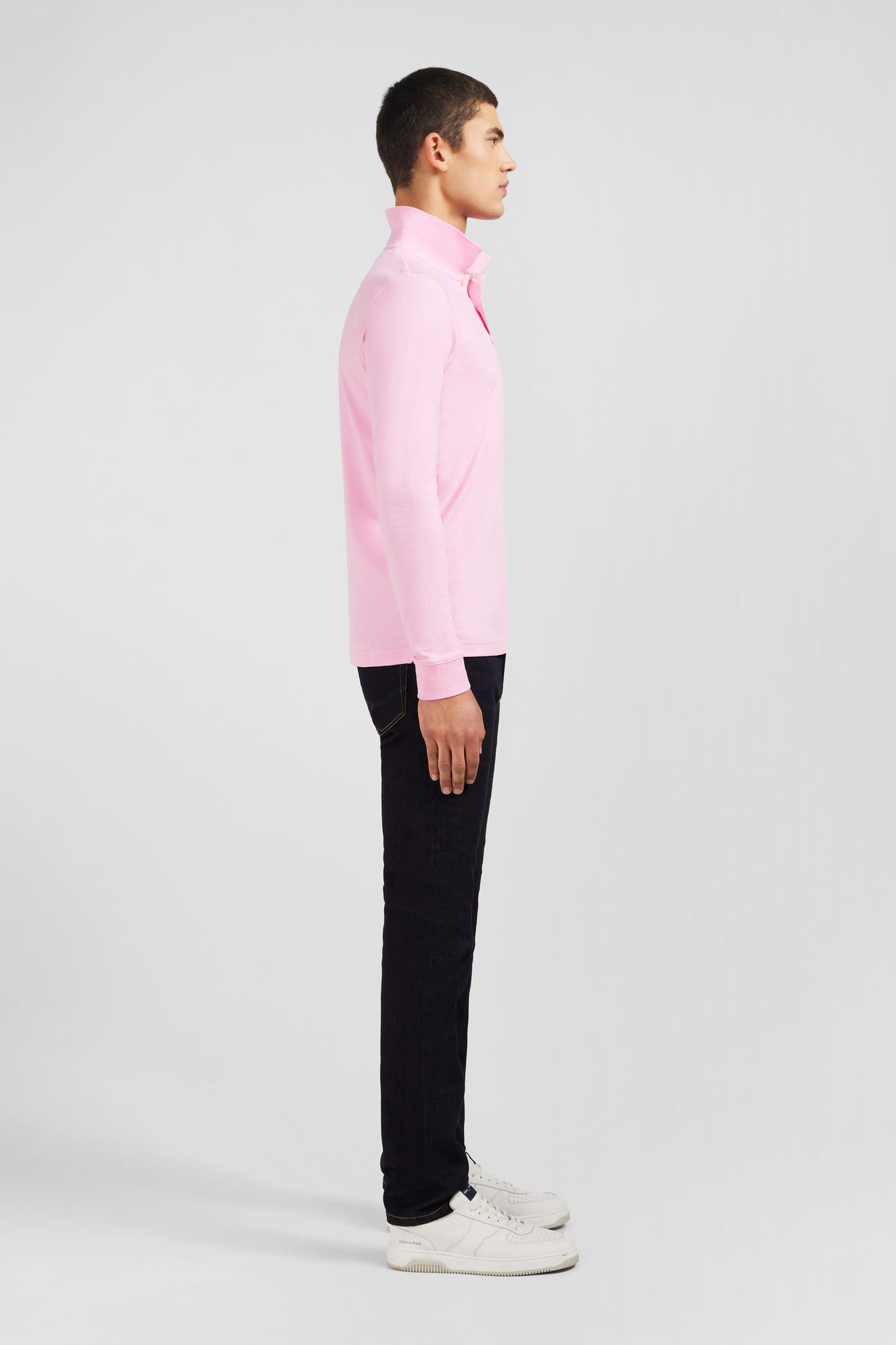 Polo manches longues rose uni en piqué de coton stretch