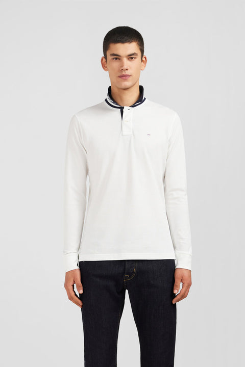 Polo manches longues blanc en coton avec col contrasté - Image 1