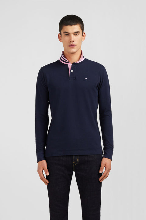 Polo manches longues bleu marine en coton avec col contrasté - Image 1