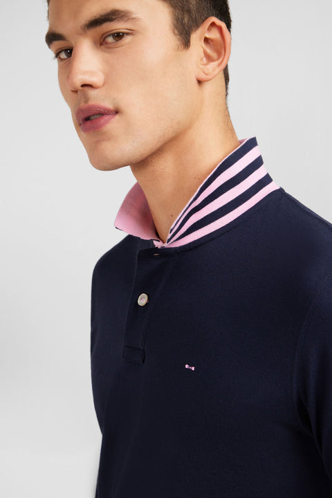 Polo manches longues bleu marine en coton avec col contrasté - Image 3