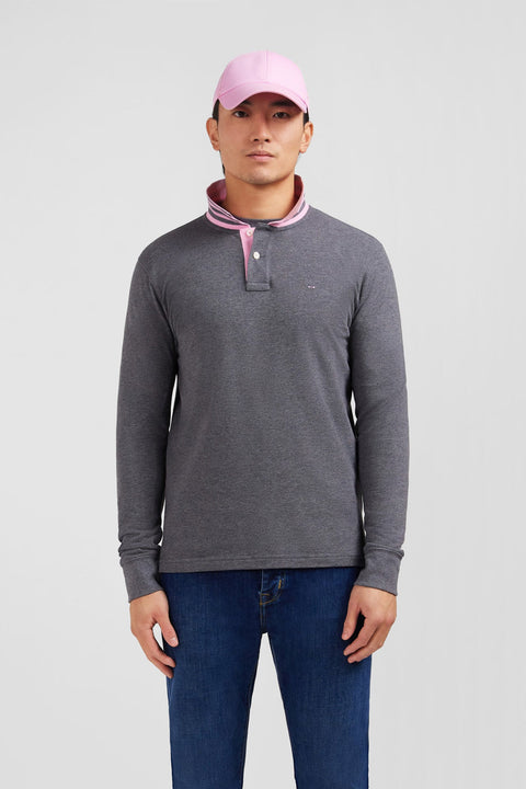Polo manches longues gris en coton avec col contrasté - Image 1