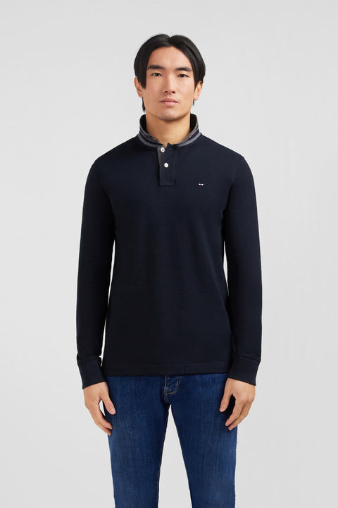 Polo manches longues noir en coton avec col contrasté - Image 1