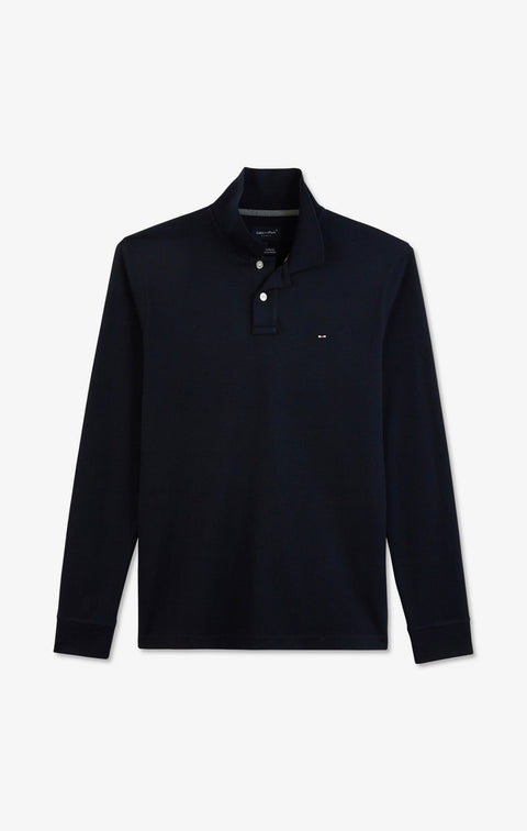 Polo manches longues bleu marine uni en piqué de coton stretch - Image 2