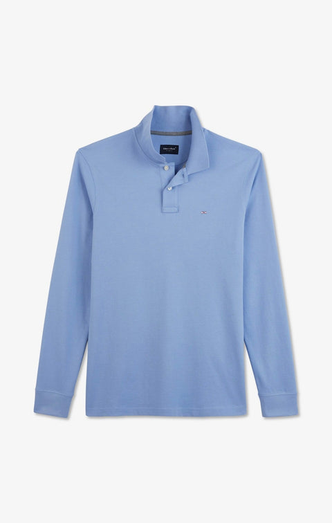 Polo manches longues bleu uni en piqué de coton stretch - Image 2