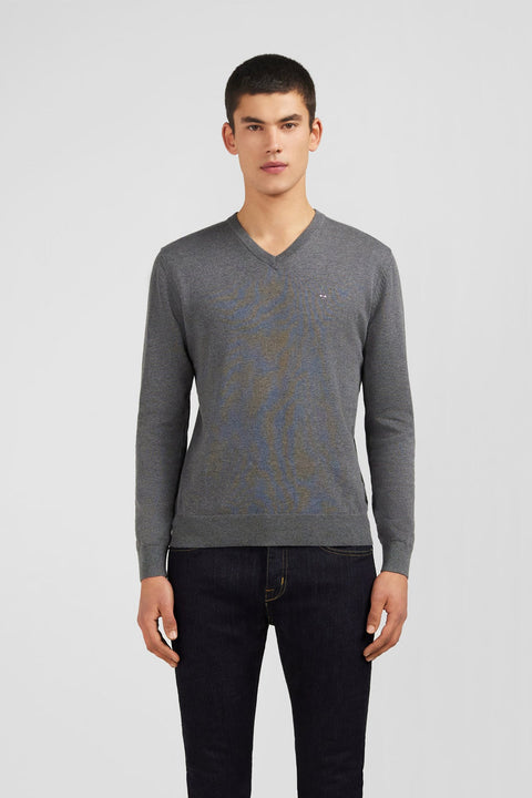 Pull gris à col V en coton - Image 1
