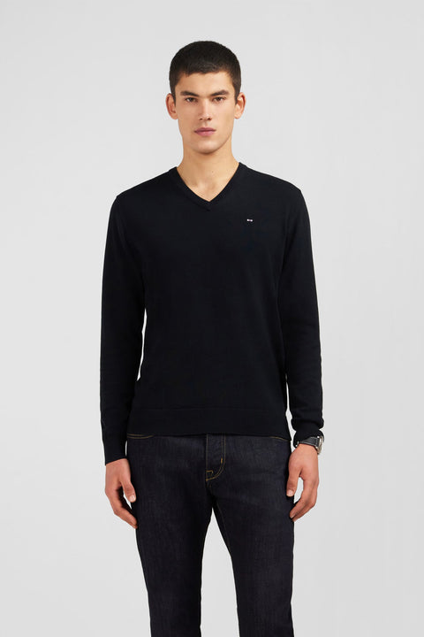 Pull noir à col V en coton - Image 1