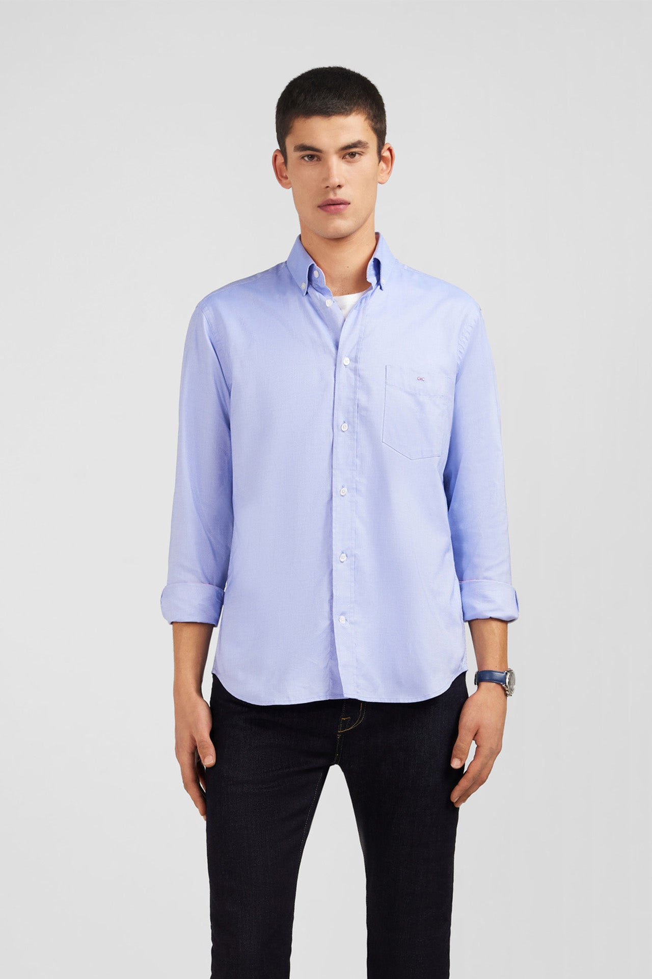 Chemise bleue unie en coton
