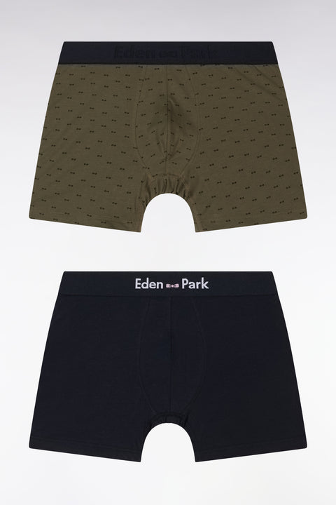 Lot de deux boxers unis et imprimés en jersey de coton stretch marine et kaki - Image 1